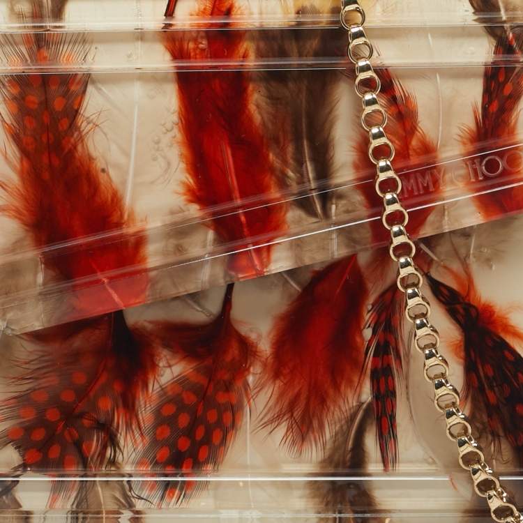 Pre Owned Jimmy Choo Clear/Multicolor Feather Print Acrylic Candy Chain Clutch
