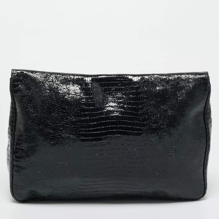 Pre Owned Jimmy Choo Black Lizard Embossed Glossy Leather Carolina Clutch