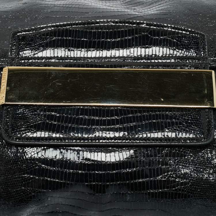 Pre Owned Jimmy Choo Black Lizard Embossed Glossy Leather Carolina Clutch