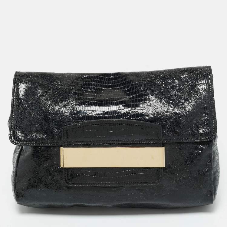 Pre Owned Jimmy Choo Black Lizard Embossed Glossy Leather Carolina Clutch