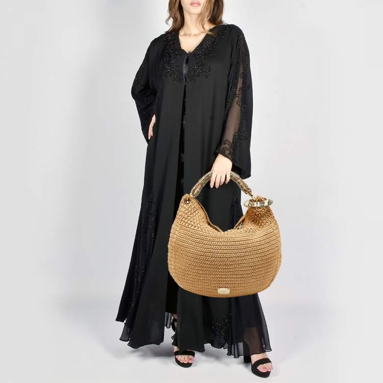 Pre Owned Jimmy Choo Beige/Black Raffia and Snakeskin Trim Sky Hobo