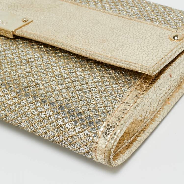 Pre Owned Jimmy Choo Gold Glitter and Leather Reese Clutch