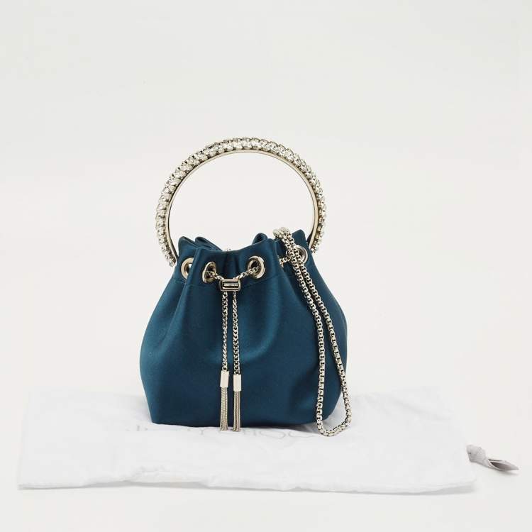 Pre Owned Jimmy Choo Teal Blue Satin Crystal Embellished BonBon Drawstring Bag