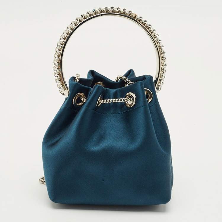 Pre Owned Jimmy Choo Teal Blue Satin Crystal Embellished BonBon Drawstring Bag