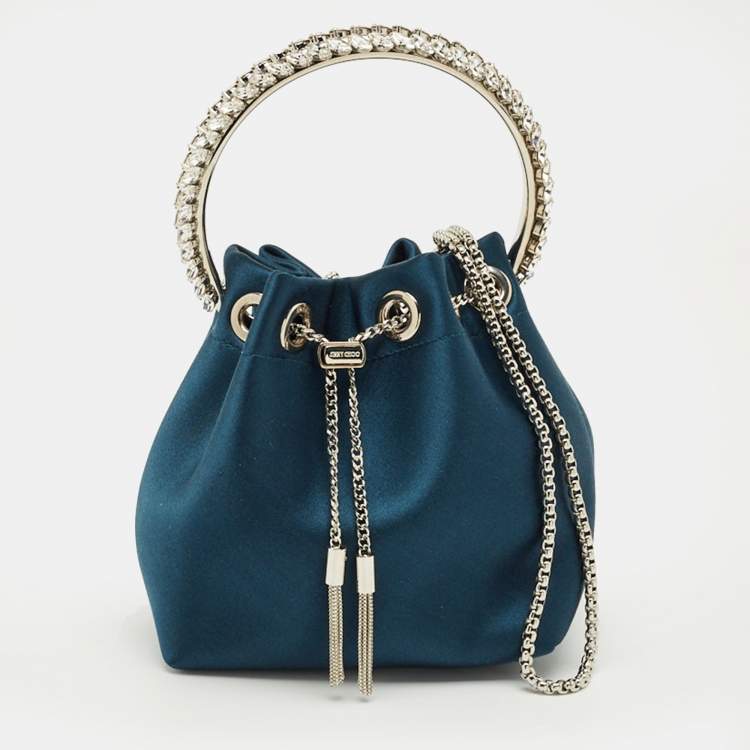 Pre Owned Jimmy Choo Teal Blue Satin Crystal Embellished BonBon Drawstring Bag