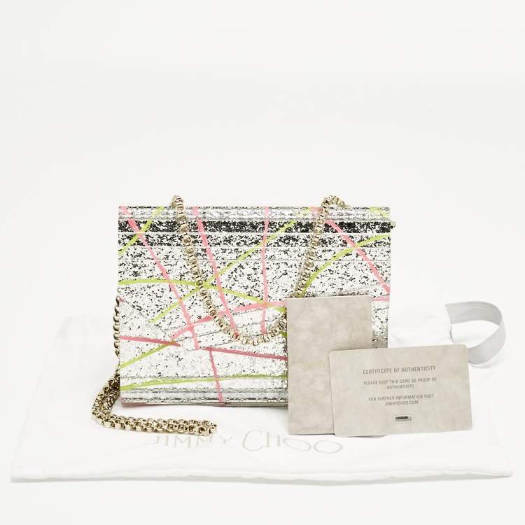 Pre Owned Jimmy Choo Silver Acrylic Paint Splatter Candy Chain Clutch