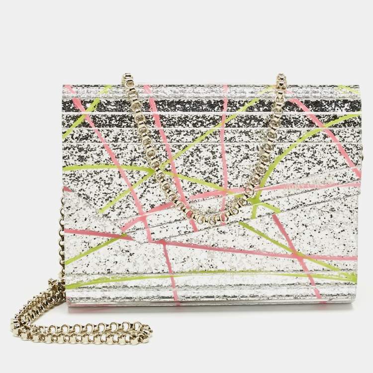 Pre Owned Jimmy Choo Silver Acrylic Paint Splatter Candy Chain Clutch