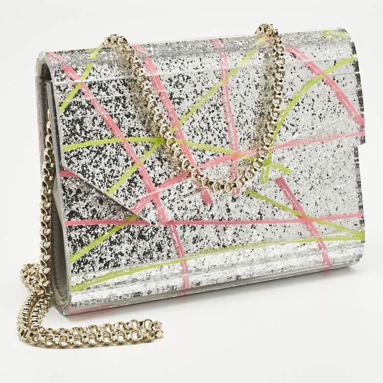 Pre Owned Jimmy Choo Silver Acrylic Paint Splatter Candy Chain Clutch