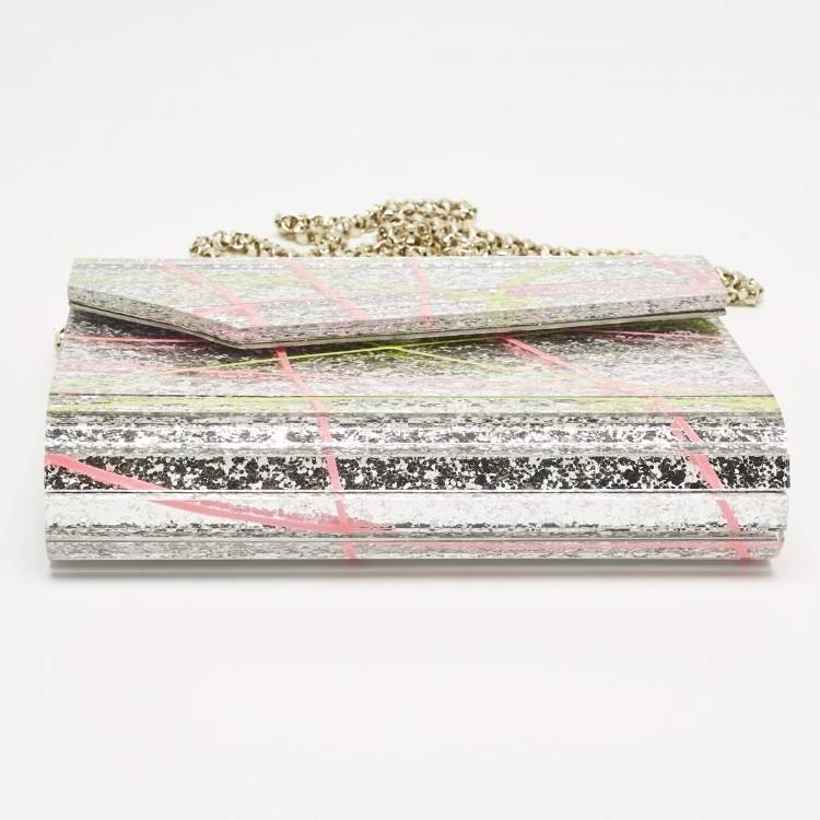 Pre Owned Jimmy Choo Silver Acrylic Paint Splatter Candy Chain Clutch