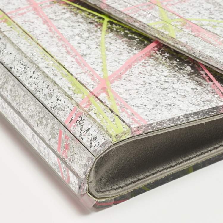 Pre Owned Jimmy Choo Silver Acrylic Paint Splatter Candy Chain Clutch