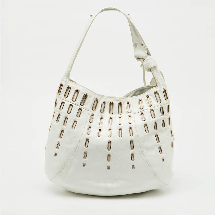 Pre Owned Jimmy Choo White Leather Dessy Studded Hobo