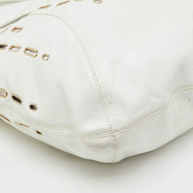 Pre Owned Jimmy Choo White Leather Dessy Studded Hobo