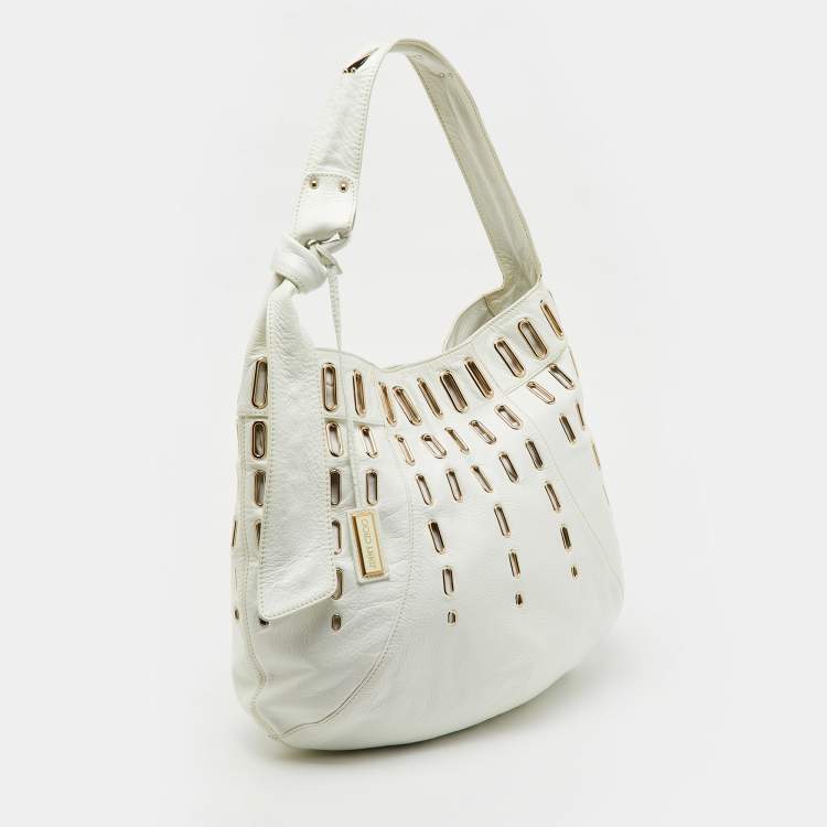 Pre Owned Jimmy Choo White Leather Dessy Studded Hobo