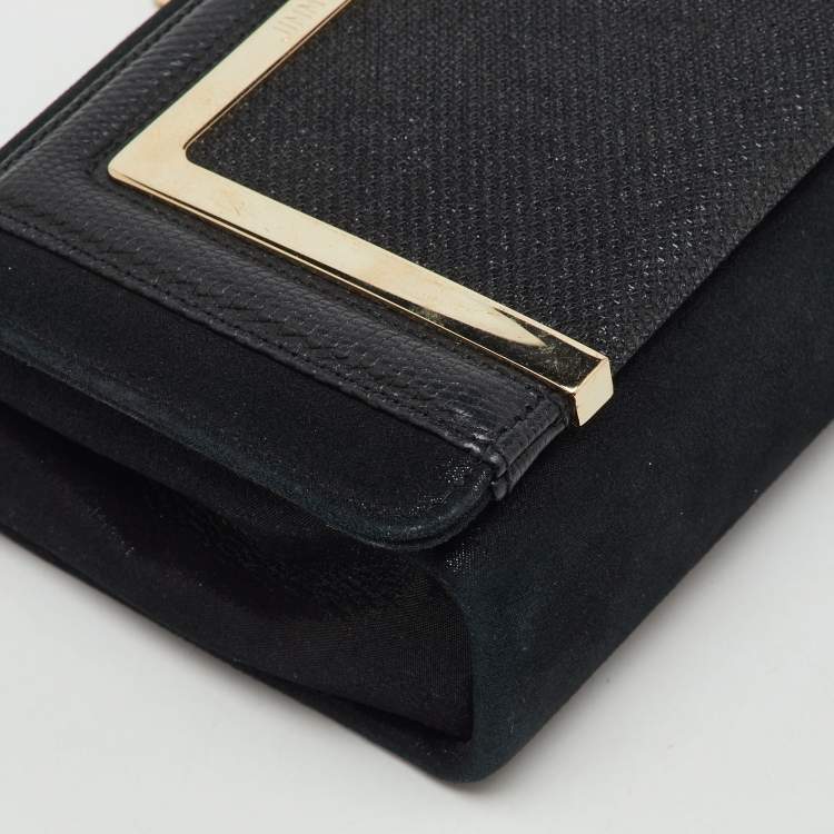 Pre Owned Jimmy Choo Black Leather and Shimmer Fabric Alba Chain Clutch