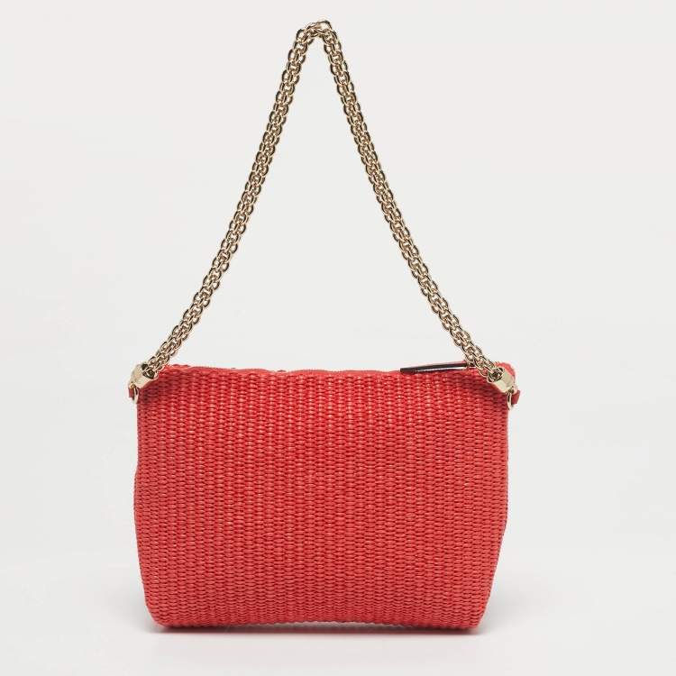 Pre Owned Jimmy Choo Red Woven Raffia Callie Shoulder Bag