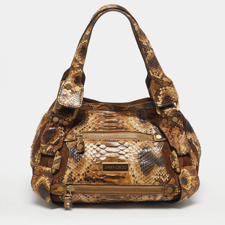 Pre Owned Jimmy Choo Bronze/Brown Python and Suede Mahala Tote