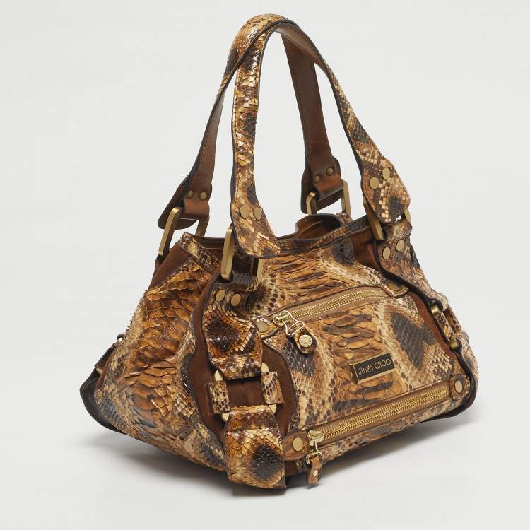 Pre Owned Jimmy Choo Bronze/Brown Python and Suede Mahala Tote