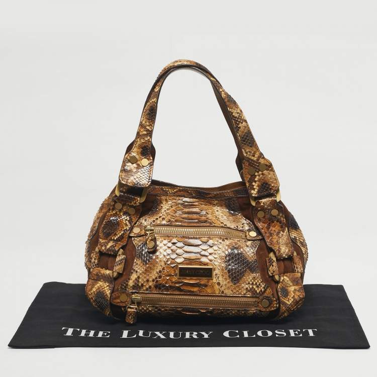 Pre Owned Jimmy Choo Bronze/Brown Python and Suede Mahala Tote