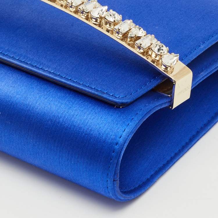 Pre Owned Jimmy Choo Blue Satin Crystals Embellished Flap Clutch