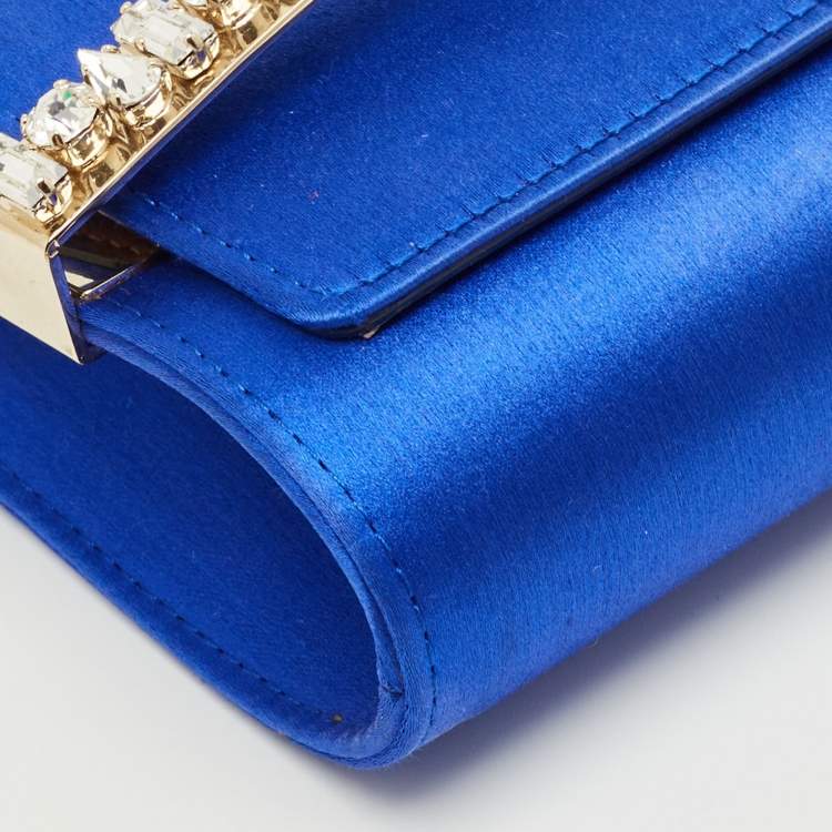 Pre Owned Jimmy Choo Blue Satin Crystals Embellished Flap Clutch