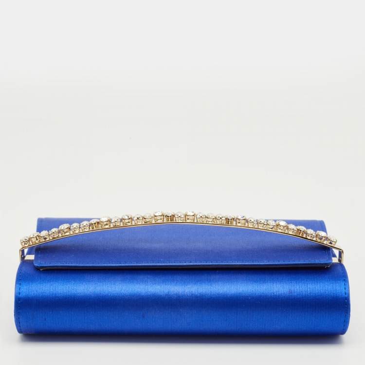 Pre Owned Jimmy Choo Blue Satin Crystals Embellished Flap Clutch