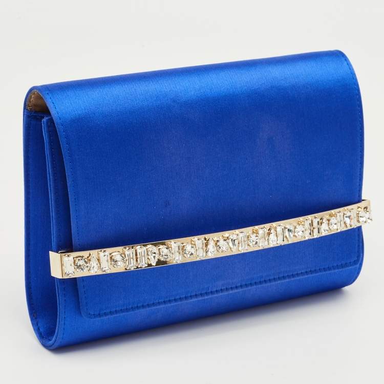 Pre Owned Jimmy Choo Blue Satin Crystals Embellished Flap Clutch