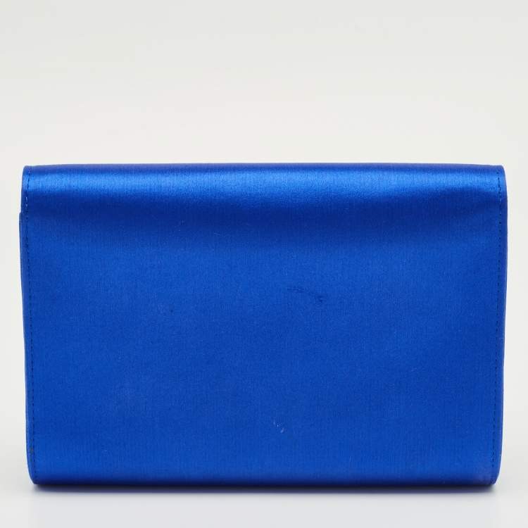 Pre Owned Jimmy Choo Blue Satin Crystals Embellished Flap Clutch