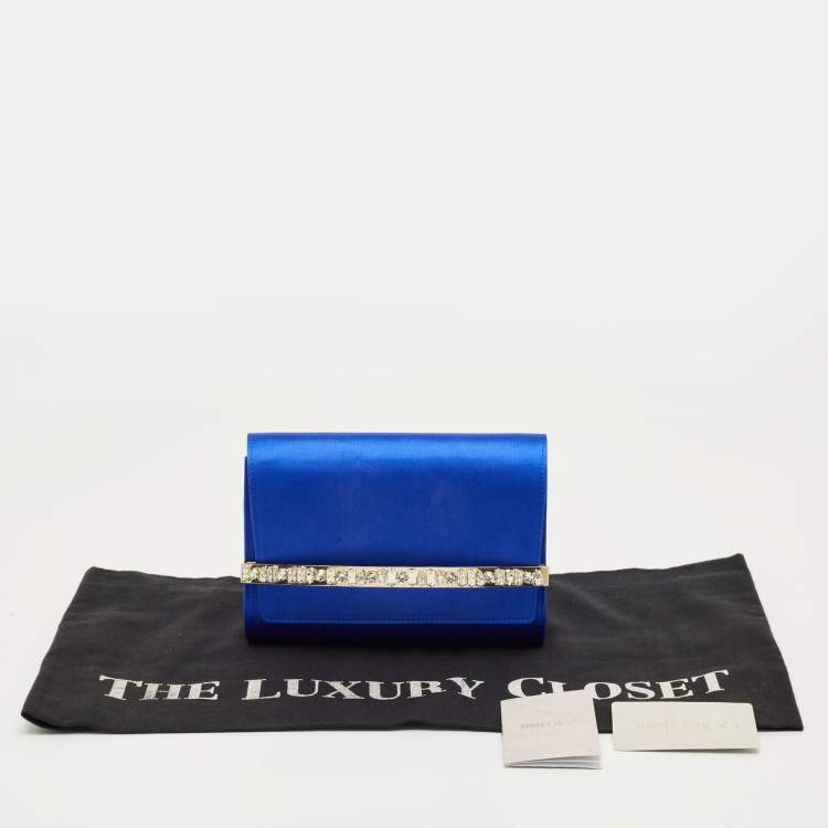 Pre Owned Jimmy Choo Blue Satin Crystals Embellished Flap Clutch