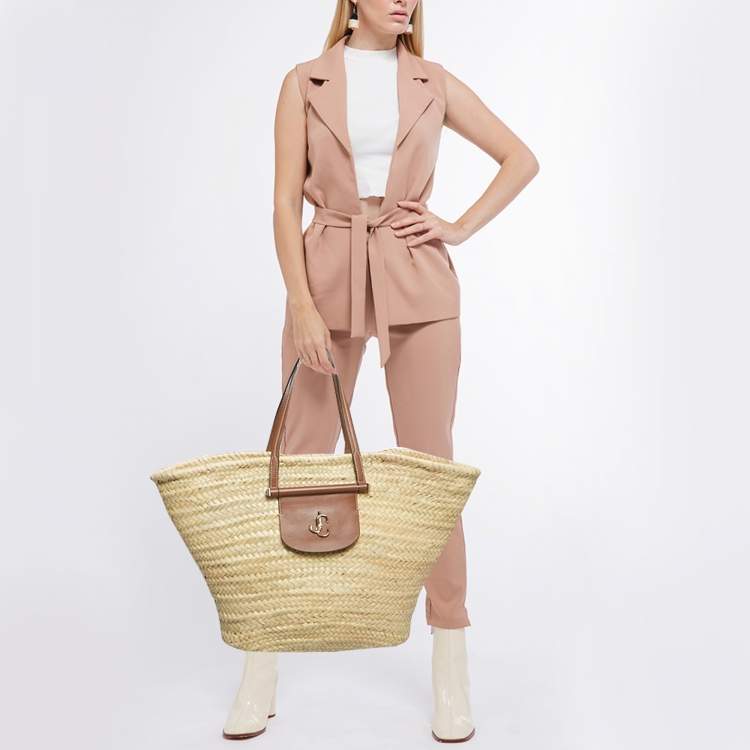 Pre Owned Jimmy Choo Brown/Natural Leaf Raffia Macy Tote