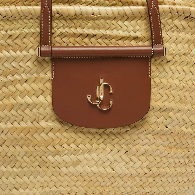 Pre Owned Jimmy Choo Brown/Natural Leaf Raffia Macy Tote