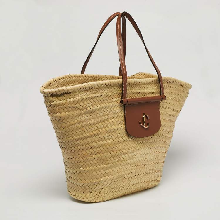 Pre Owned Jimmy Choo Brown/Natural Leaf Raffia Macy Tote