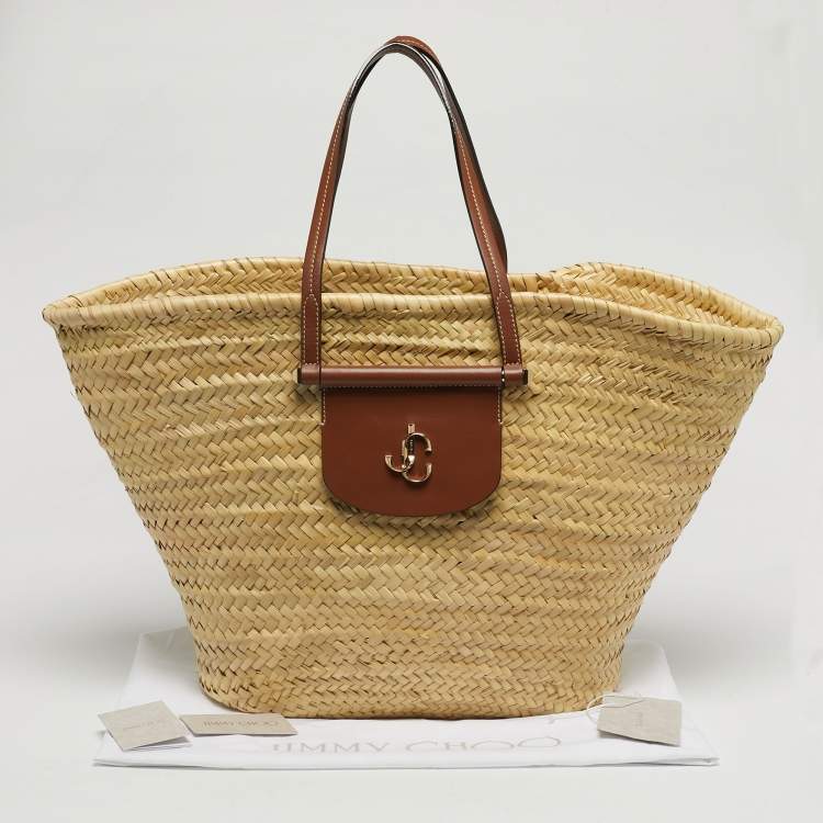 Pre Owned Jimmy Choo Brown/Natural Leaf Raffia Macy Tote