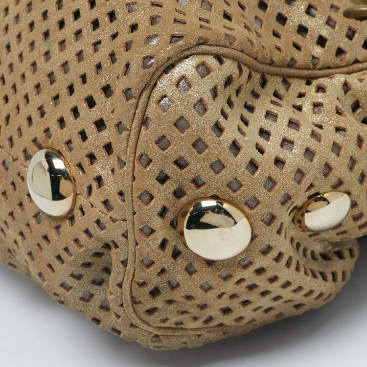 Pre Owned Jimmy Choo Gold Shimmer Perforated Suede Riki Tote