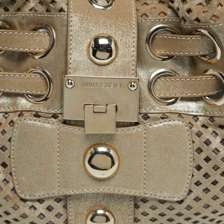 Pre Owned Jimmy Choo Gold Shimmer Perforated Suede Riki Tote