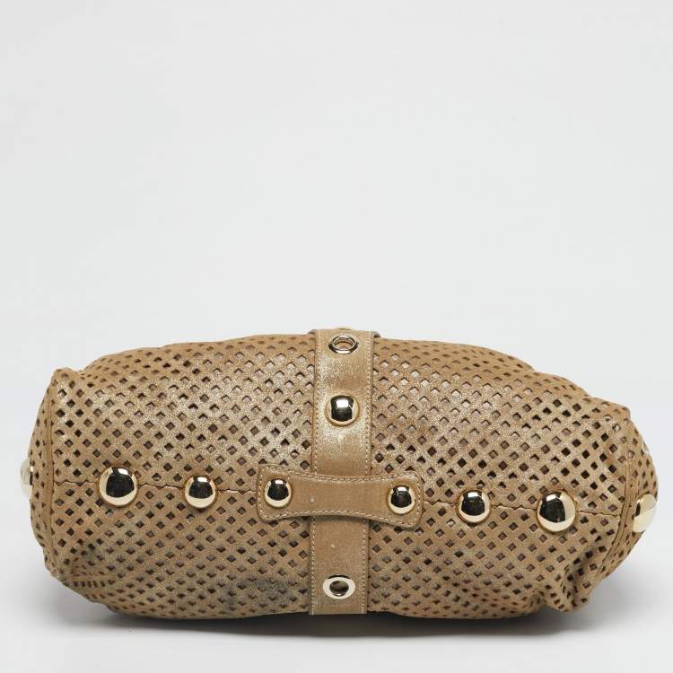 Pre Owned Jimmy Choo Gold Shimmer Perforated Suede Riki Tote