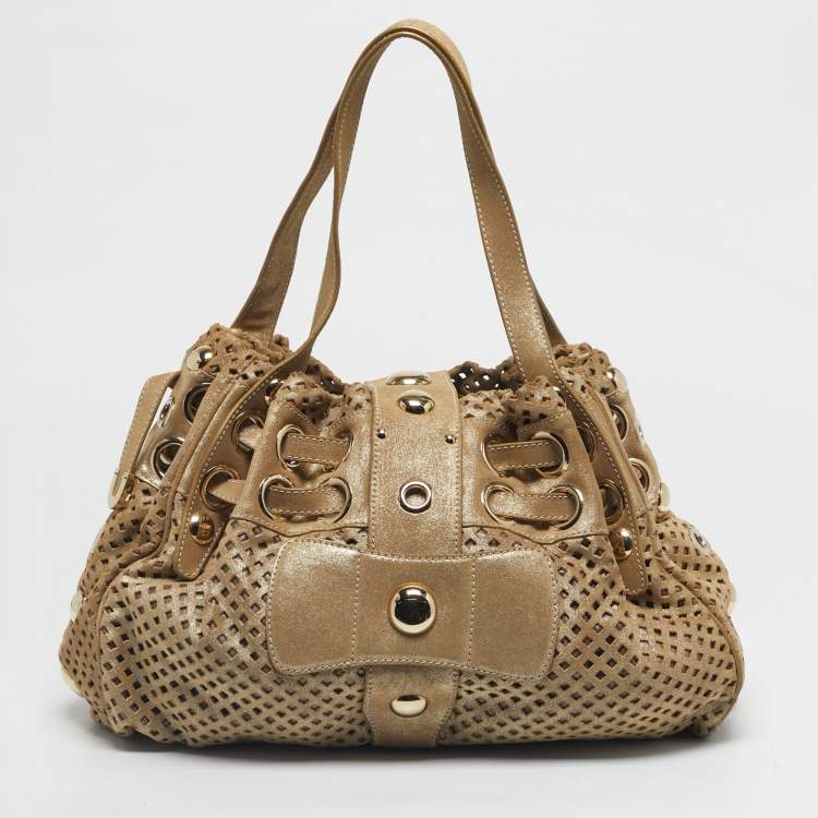 Pre Owned Jimmy Choo Gold Shimmer Perforated Suede Riki Tote