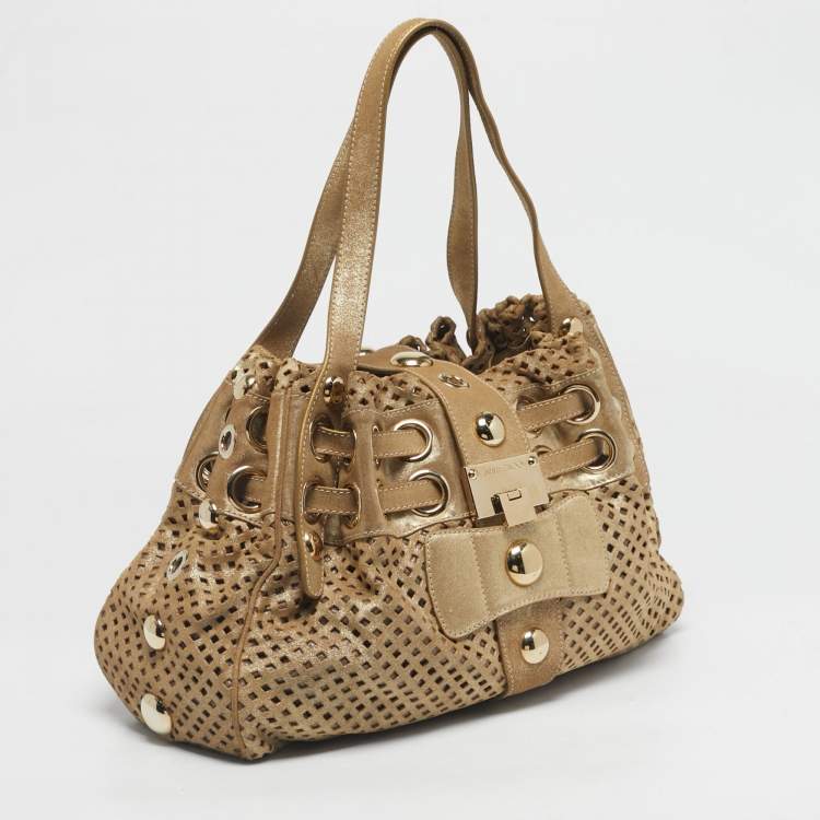 Pre Owned Jimmy Choo Gold Shimmer Perforated Suede Riki Tote