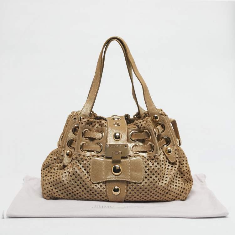 Pre Owned Jimmy Choo Gold Shimmer Perforated Suede Riki Tote