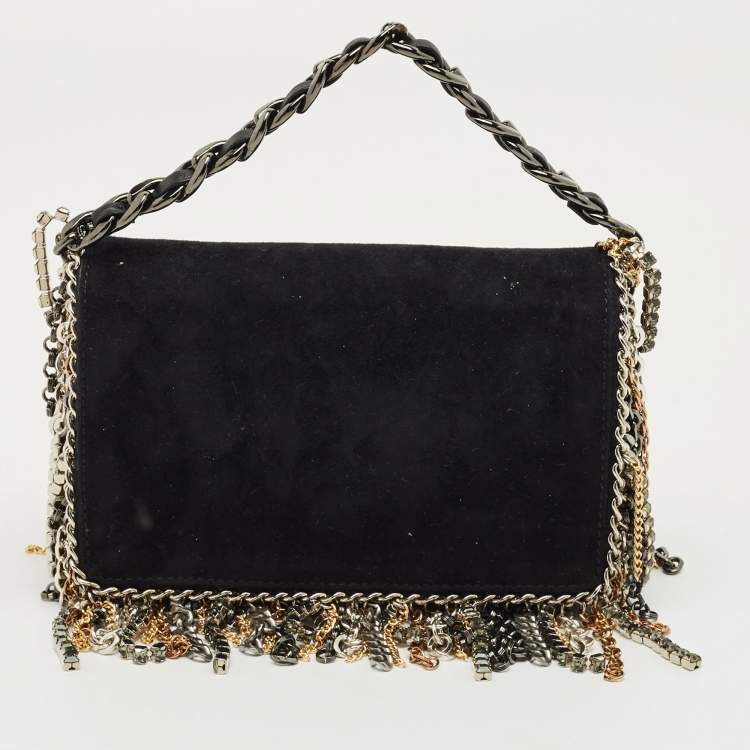 Pre Owned Jimmy Choo Black Suede Chain Embellished Fringe Shoulder Bag
