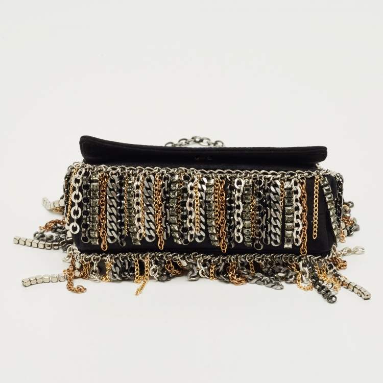 Pre Owned Jimmy Choo Black Suede Chain Embellished Fringe Shoulder Bag