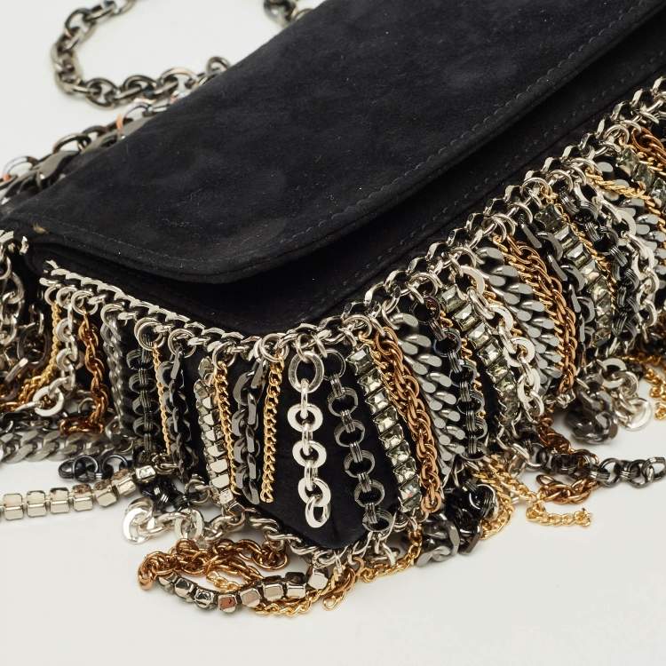 Pre Owned Jimmy Choo Black Suede Chain Embellished Fringe Shoulder Bag