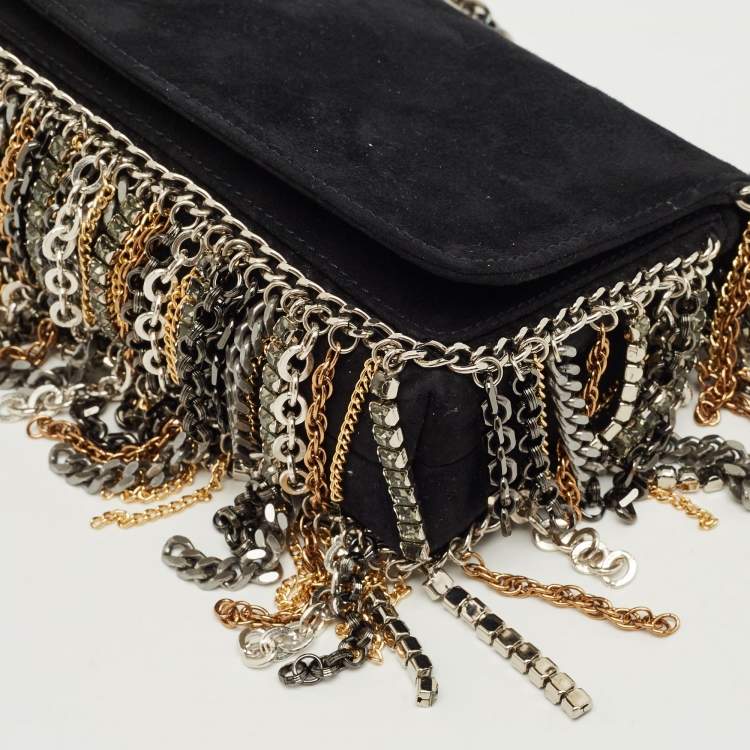 Pre Owned Jimmy Choo Black Suede Chain Embellished Fringe Shoulder Bag