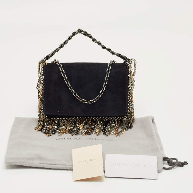 Pre Owned Jimmy Choo Black Suede Chain Embellished Fringe Shoulder Bag