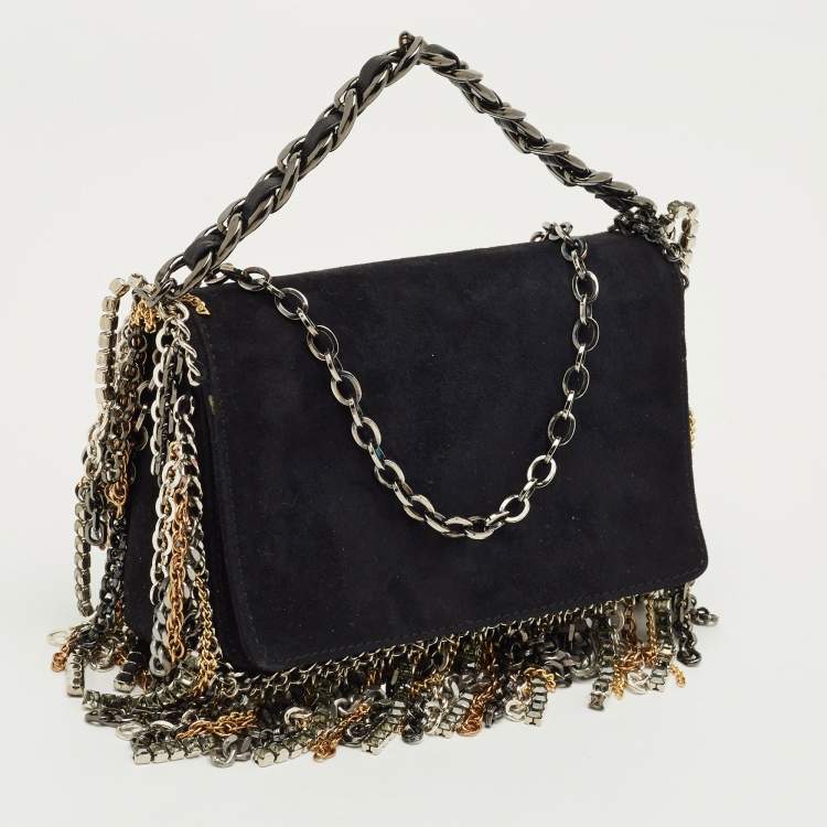 Pre Owned Jimmy Choo Black Suede Chain Embellished Fringe Shoulder Bag
