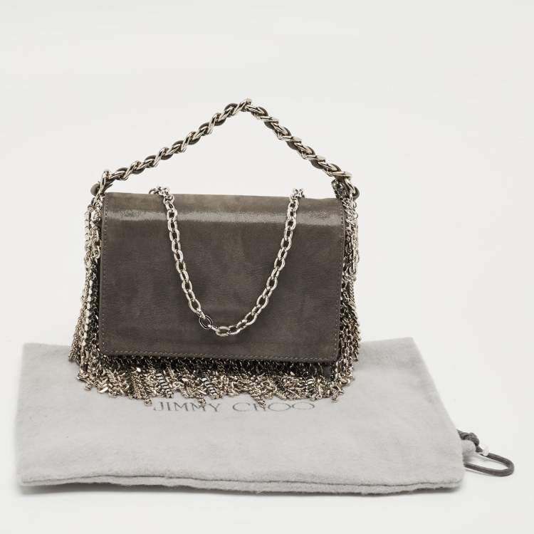 Pre Owned Jimmy Choo Grey Shimmer Suede Chain Embellished Fringe Shoulder Bag