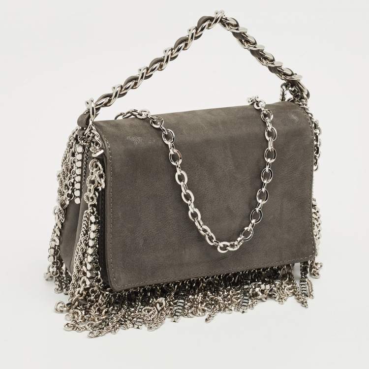 Pre Owned Jimmy Choo Grey Shimmer Suede Chain Embellished Fringe Shoulder Bag