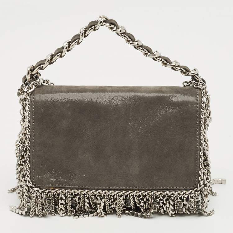 Pre Owned Jimmy Choo Grey Shimmer Suede Chain Embellished Fringe Shoulder Bag
