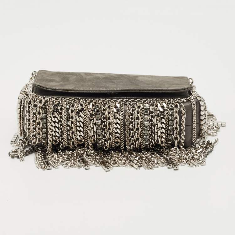 Pre Owned Jimmy Choo Grey Shimmer Suede Chain Embellished Fringe Shoulder Bag