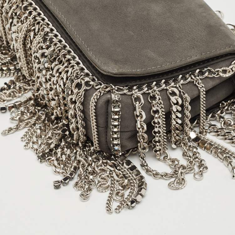 Pre Owned Jimmy Choo Grey Shimmer Suede Chain Embellished Fringe Shoulder Bag