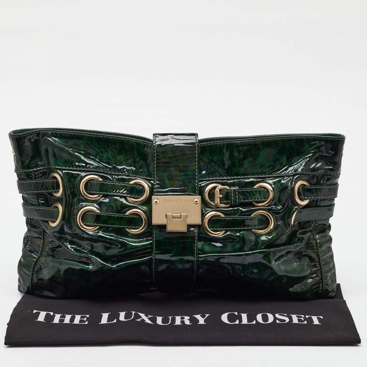 Pre Owned Jimmy Choo Green Leopard Print Patent Leather Clutch
